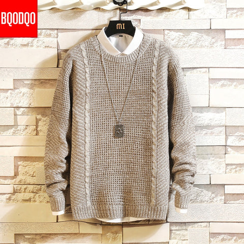 BQODQO Autumn Winter Slim Fit Sweater Male Streetwear Knitted Brand Pullover Clothing Men Casual Japanese Sweaters PLUS SIZE NEW