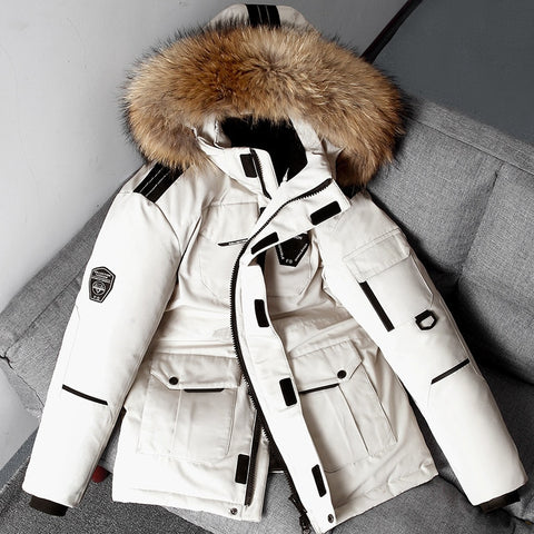 Men's Winter Down Jacket Warm Hooded White Duck Down Anorak Men Parka Mid Long Detachable Fur Collar Coat Waterproof Jacket Male