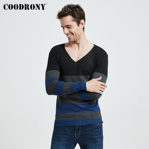 COODRONY Brand Sweater Men Casual Striped Button V-Neck Pull Homme Autumn Winter Cotton Pullover Men Jersey Knitwear Shirt C1008