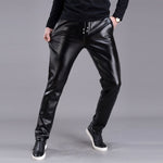 Spring Summer Men Leather Pants Elastic High Waist Lightweight Casual PU Leather Trousers Thin Causal Trousers